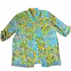 VTG Won Moa Women's Sheer Overlay Bold Funky Abstract Print Blouse Flowy Sz L?